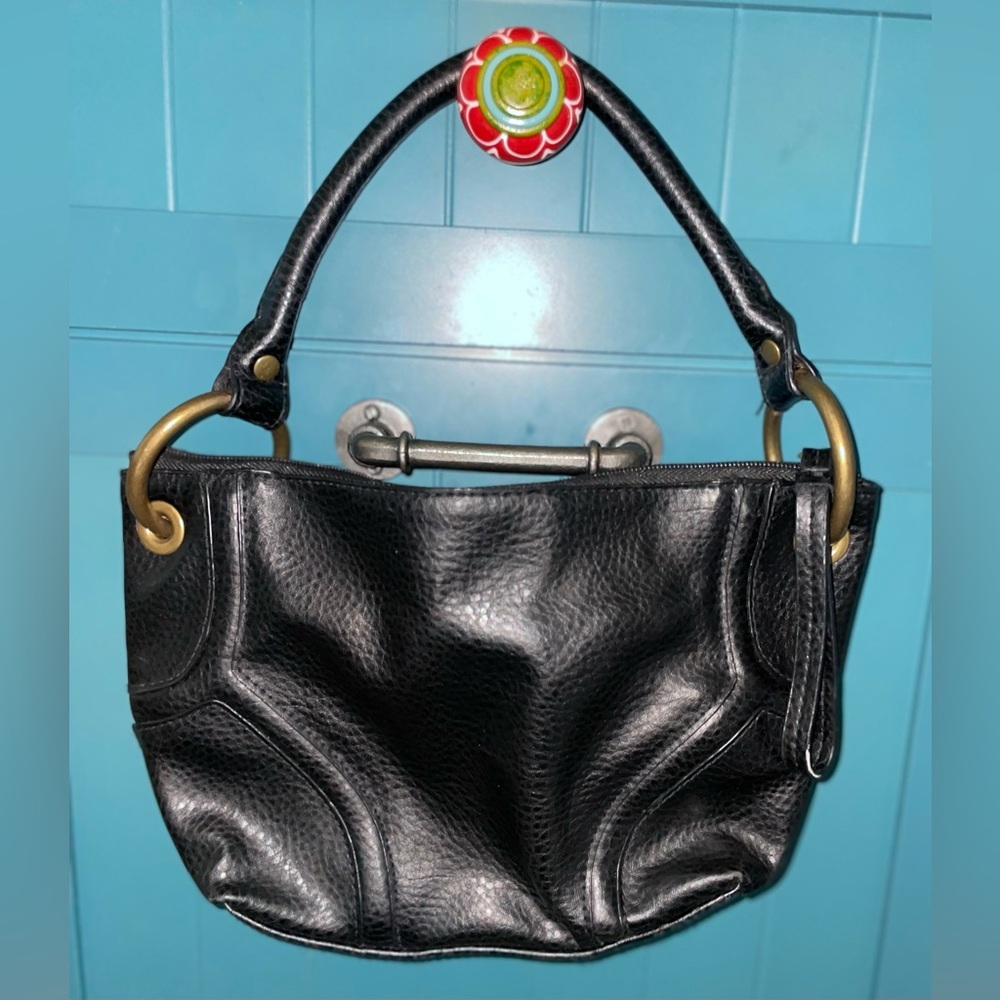 Small Vegan Black Handbag Purse w/Brass Rings